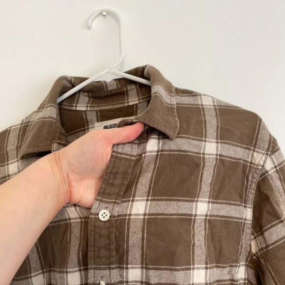 HOLLISTER HCO Mens Check Overshirt Brown White Plaid Flannel Button Down Cotton - Picture 7 of 14